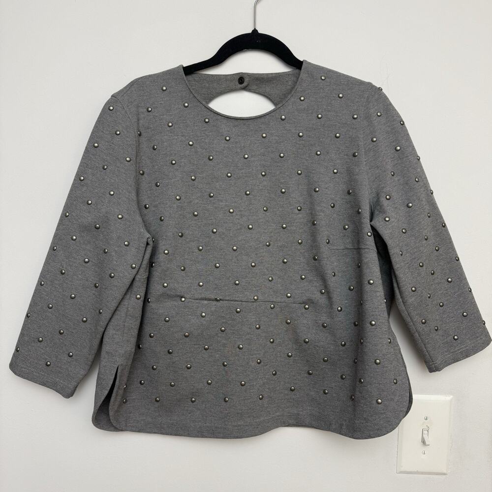 Akris Womens Grey 3/4 Sleeve Blouse Silver Studs Back Cut-Out Sz 16 NWT